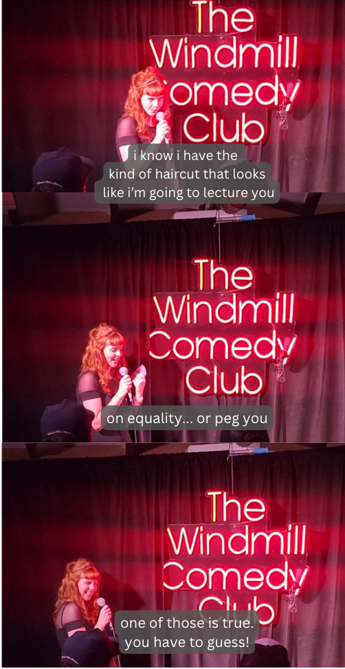 renée on stage at the windmill comedy club