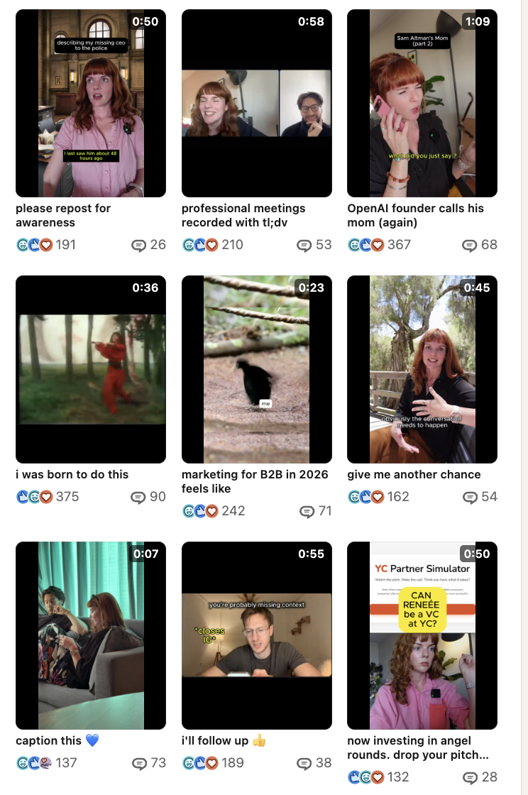tiktok skit grid — sam altman's mom, deadbeat coworker, b2b marketing