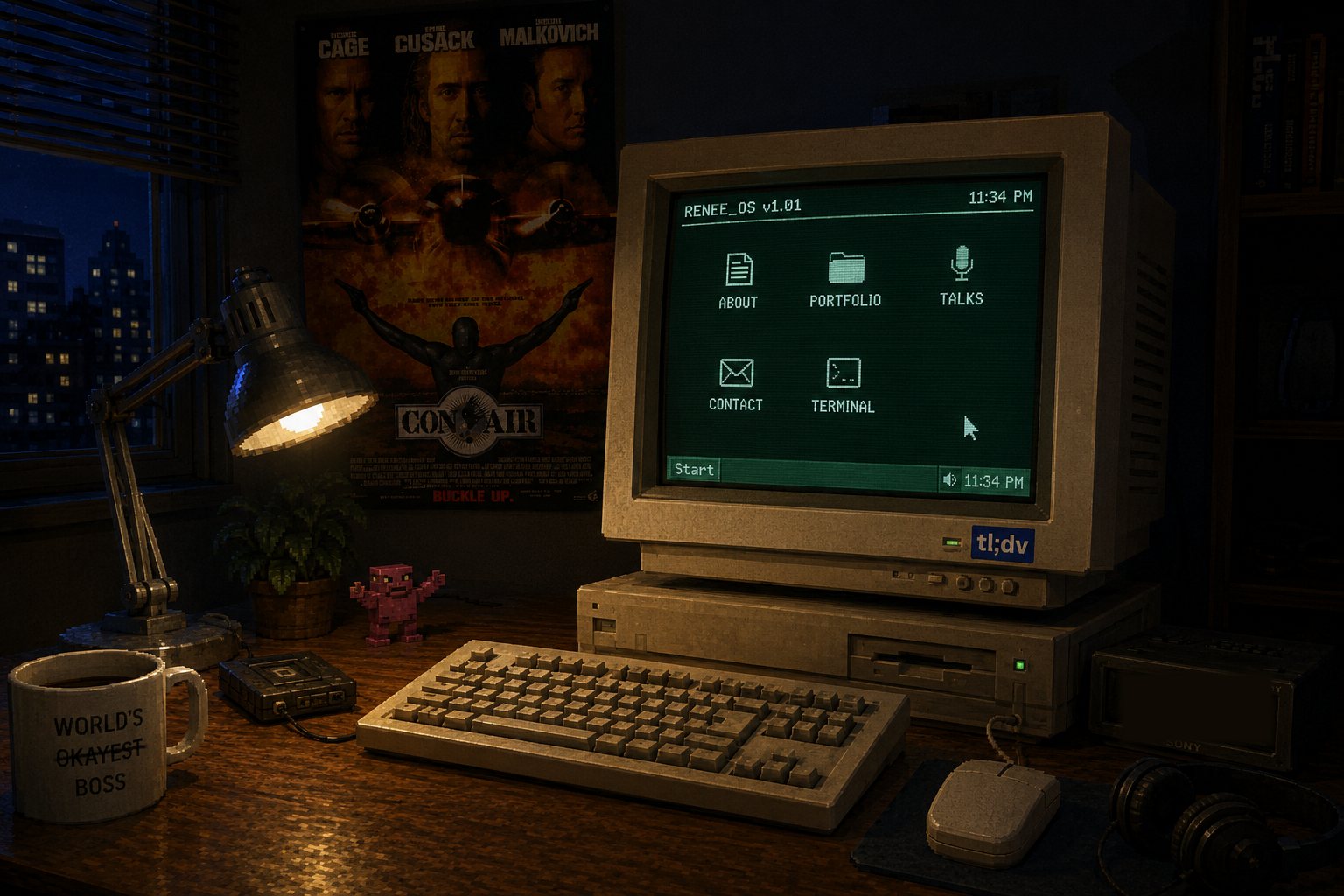 A dark bedroom desk at night: a beige CRT computer glowing green, a lit desk lamp, a keyboard, a mug reading WORLD'S OKAYEST BOSS, and a Con Air poster on the wall.